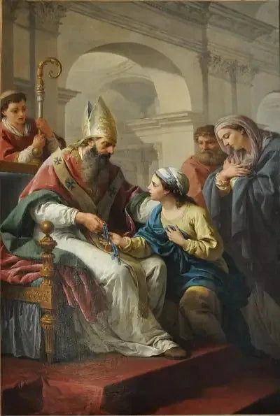 Saint Germain l'Auxerrois som delar ut ett medalj till heliga Geneviève - Louis Jean François Lagrenée