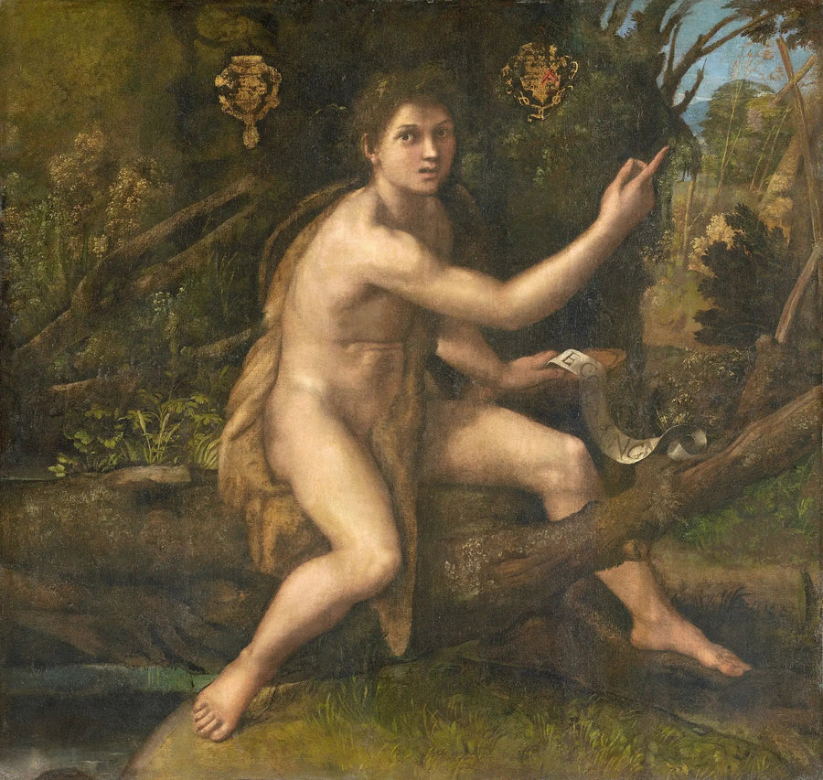 Sankt Johannes Döparen i öknen pekande på Korset av Passionen - Raphael Sanzio