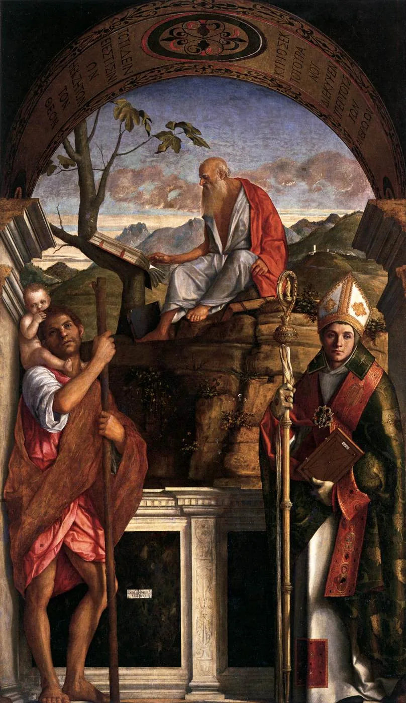 Saint Jérôme läsande med Saint Christophe och Saint Louis de Toulouse - Giovanni Bellini