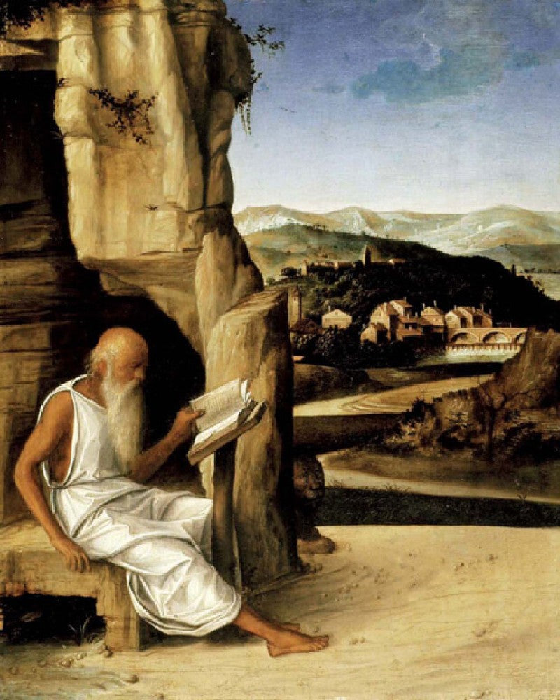 Saint Jérôme läsande i ett landskap - Giovanni Bellini