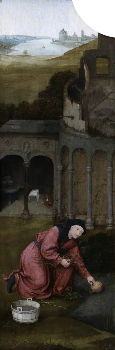 Sankt Josef samlar ved (triptyk, insidan av vänstra vingen) - Hieronymus Bosch