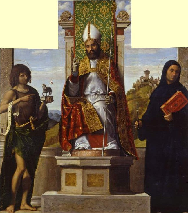 Saint Lanfranc som tronar mellan Saint Jean-Baptiste och Saint Libère - Cima da Conegliano
