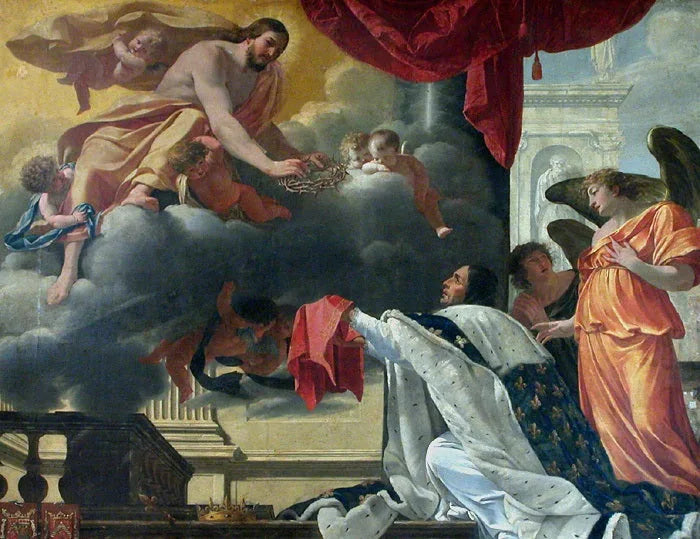 Saint Louis som tar emot törnekronan ur Kristi händer som uppenbarar sig för honom - Simon Vouet