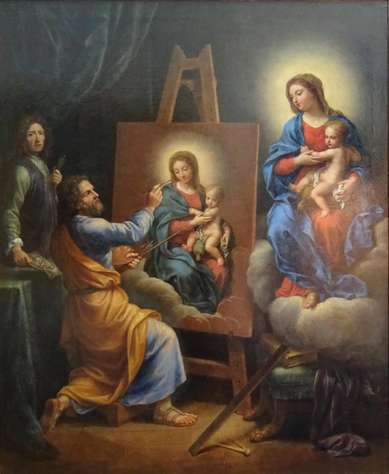 Saint Luc som målar Jungfru Maria med självporträtt av Mignard - Pierre Mignard
