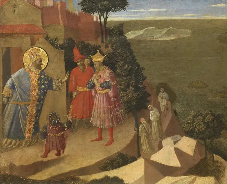 Saint Romuald förbjuder kejsar Otto III att komma in i klostret, utdrag ur en utskuren tavla som visar scener från Thebaiden - Fra Angelico