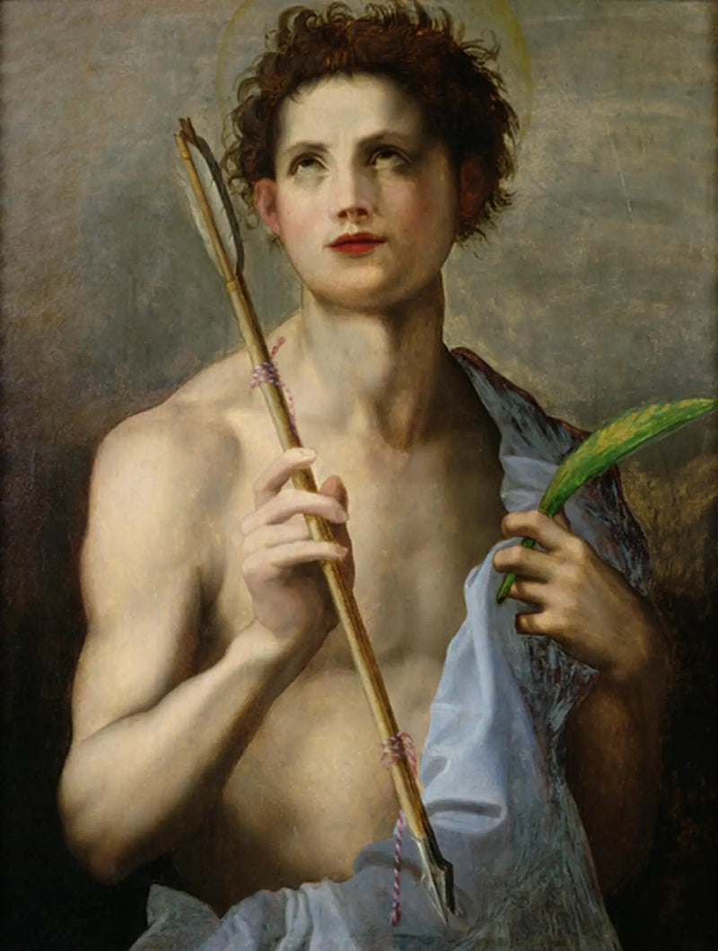 Saint-Sébastien hyresgäst två pilar och martyrens palm - Andrea del Sarto