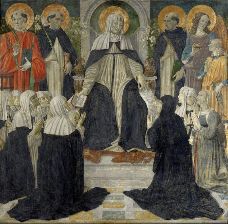 Sainte Catherine de Sienne som andlig moder för andra och tredje orden av Saint Dominique - Cosimo Rosselli