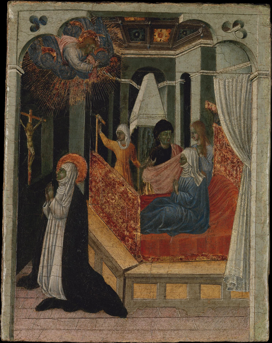 Sainte Catherine de Sienne bönfaller Kristus att uppväcka sin mor - Giovanni di Paolo