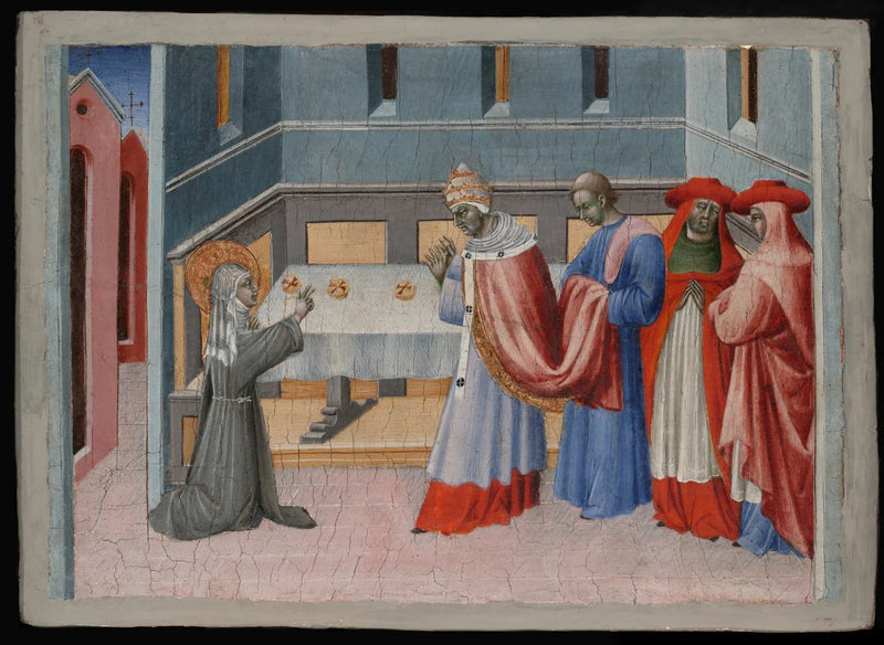 Sainte Claire d'Assise välsignande brödet framför påven Innocent IV - Giovanni di Paolo