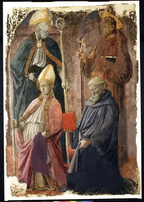 Sankt Augustinus och Franciskus, en biskopssaint, och Sankt Benedikt - Fra Filippo Lippi