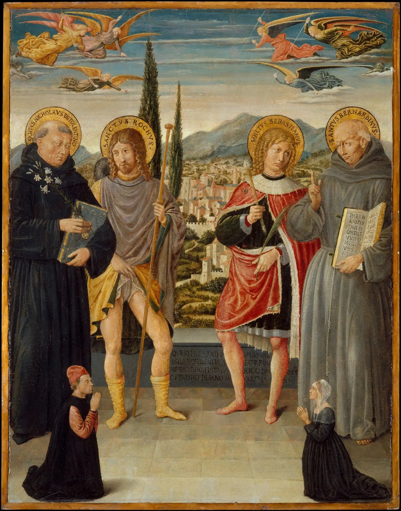 Helgon Nicolas de Tolentino, Roch, Sebastian och Bernardin av Siena, med knäböjande donatorer - Benozzo Gozzoli