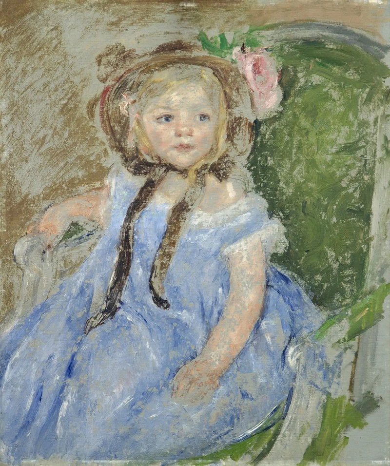 Sara med en mörk mössa med höger hand på armen av en stol - Mary Cassatt