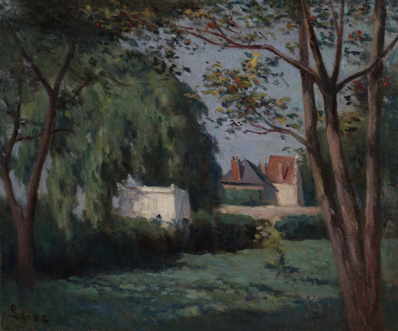 Lantlig scen med tre hus och ett träd - Maximilien Luce