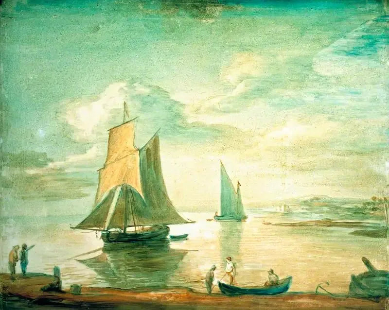 Kustscen med segelbåtar och roddbåtar samt personer på stranden - Thomas Gainsborough