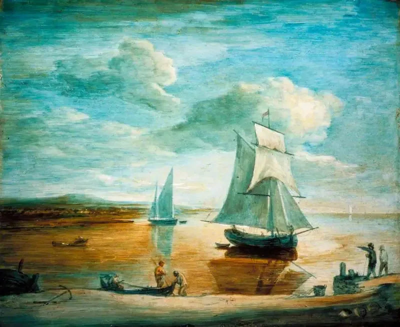 Kustscen med segelbåtar och roddbåtar samt personer på stranden - Thomas Gainsborough