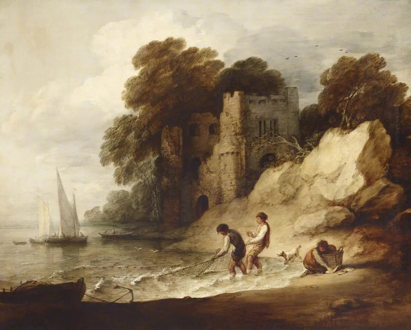 Kustscen med klippor, slott i ruiner, båtar och fiskare - Thomas Gainsborough
