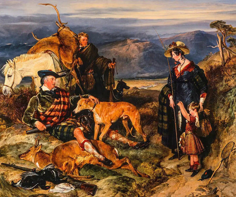 Scen i höglandet, med porträtt av hertiginna av Bedford, hertig av Gordon och Lord Alexander Russell - Edwin Henry Landseer