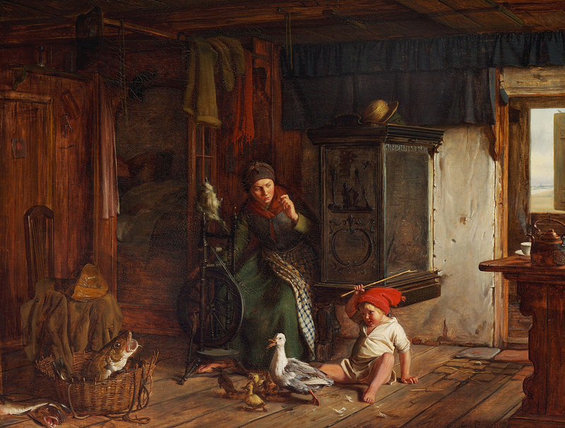 Scen i ett fiskarhem. En pojke attackerar en anka. Pappa behöver sova. - Carl Heinrich Bloch