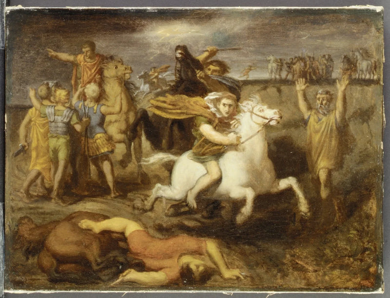 Scène de la guerre des Gaules : le Gaulois Littavicus, trahissant la cause romaine, s'enfuit à Gergovie pour soutenir Vercingétorix - Théodore Chassériau