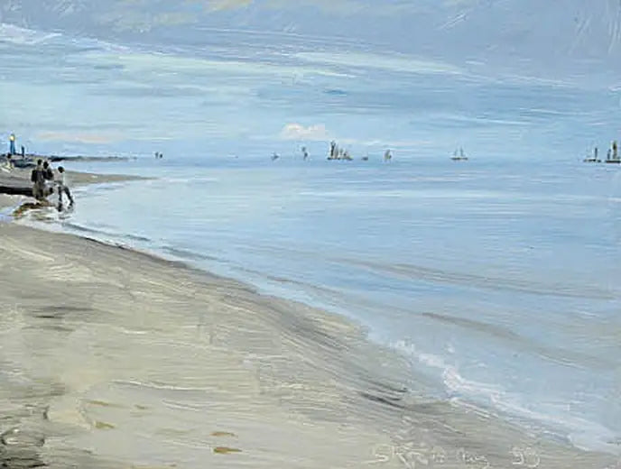 Strandscen i Skagen. Fiskare på en båt. Fyrtornet är upplyst. - Peder Severin Krøyer