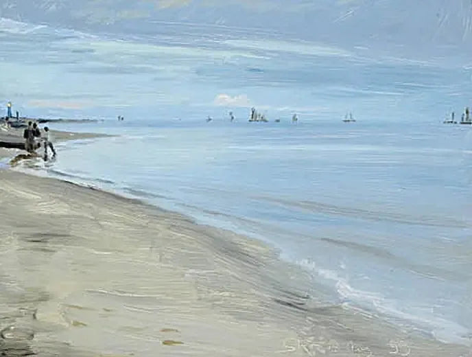 Strandscen i Skagen. Fiskare på en båt. Fyrtornet är upplyst. - Peder Severin Krøyer