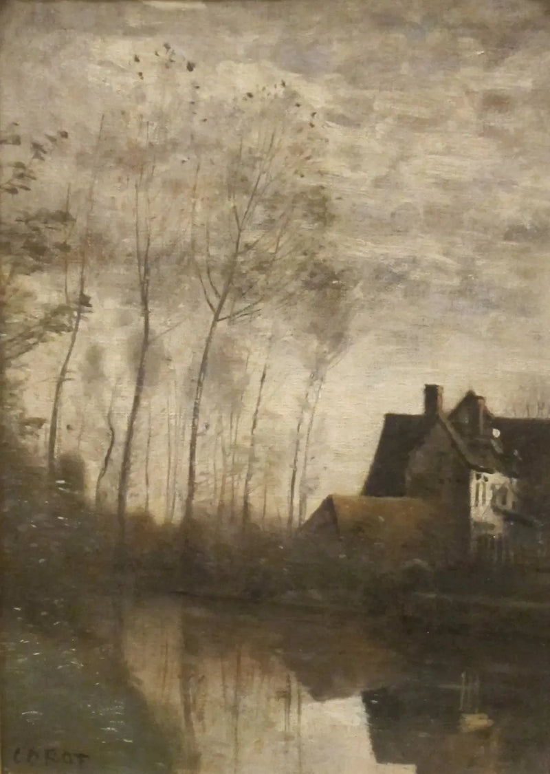 Flodscen med hus och popplar - Jean-Baptiste Camille Corot