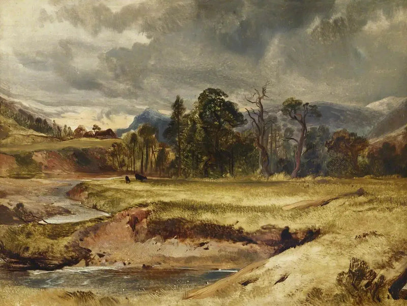Skotsk flodscen med boskap på en äng - Edwin Henry Landseer