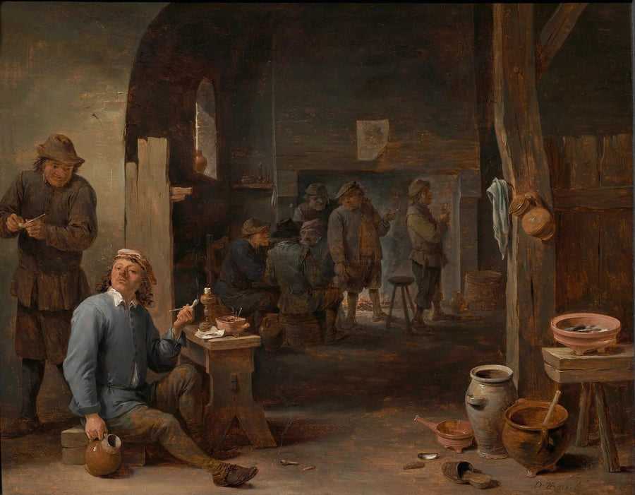 Taverna scen med en rökare som håller en kruka - David Teniers den yngre