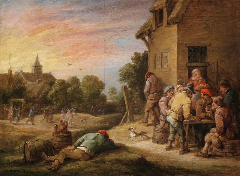 Bybild med bönder som festar framför ett värdshus - David Teniers den yngre
