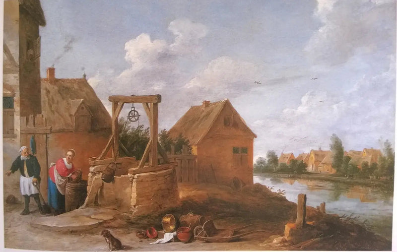 Bybild med en kvinna vid brunnen - David Teniers den yngre