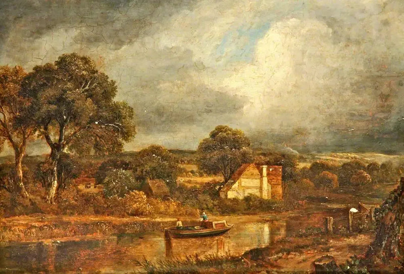 Flodscen med en flodbåt och stugor - John Constable
