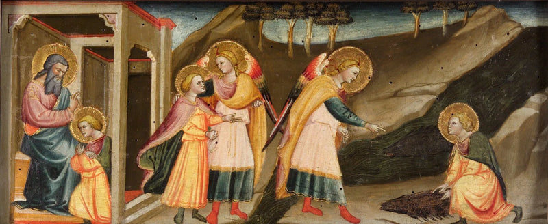 Tobias scener (Tobias tar farväl av sin far; Tobias och ärkeängeln Raphaëls vandringar; Tobias tar hjärtat, hävstången och gadden från fisken) - Bicci di Lorenzo
