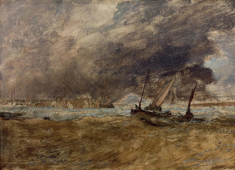 Sjöscen med fiskebåtar vid en träbrygga, en storm som närmar sig - J. M. W. Turner