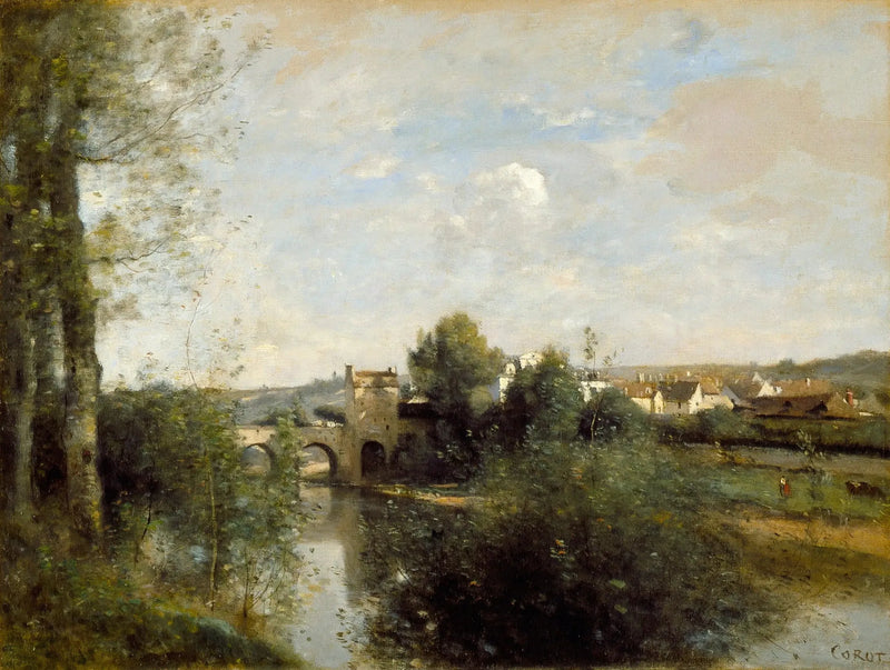 Seine och gamla bron i Limay - Jean-Baptiste Camille Corot