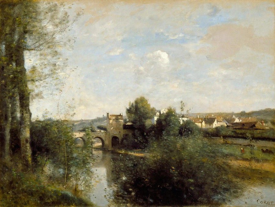 Seine och gamla bron i Limay - Jean-Baptiste Camille Corot