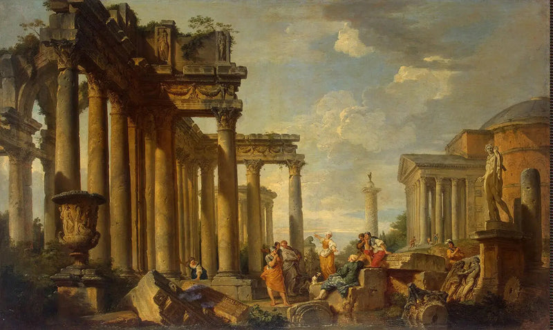 Predikan av Heliga Sibyllan i de romerska ruinerna med Apollons staty - Giovanni Paolo Panini