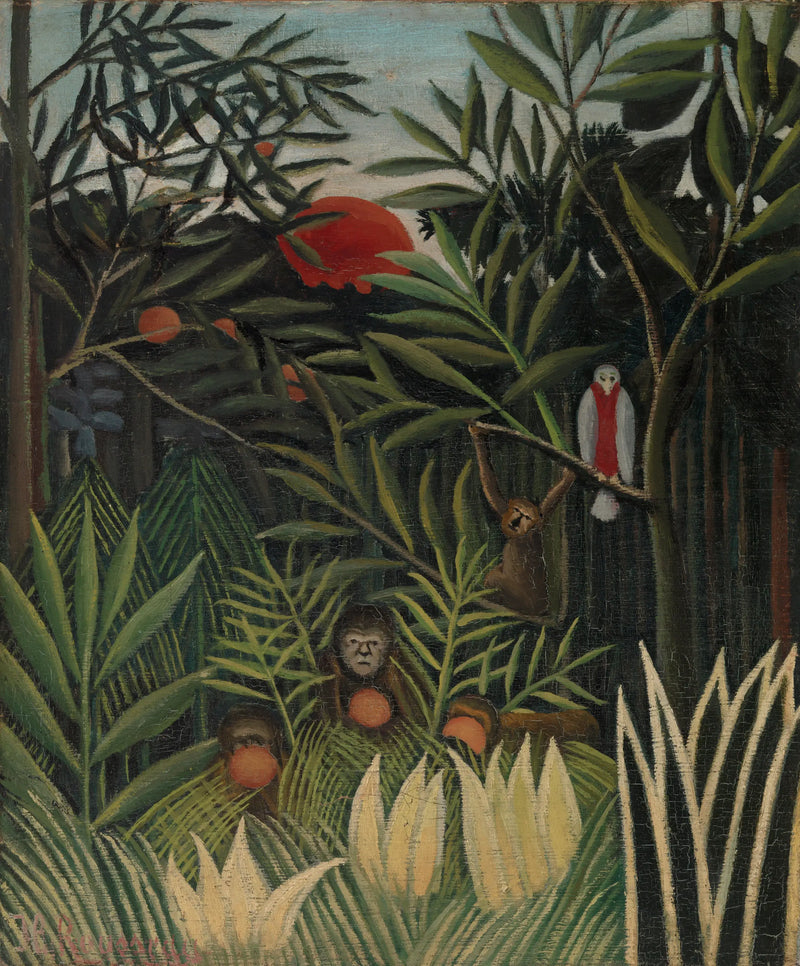 Apes och papegoja i regnskogen - Henri Rousseau