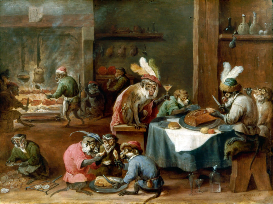 Apes som äter en måltid i ett kök - David Teniers den yngre