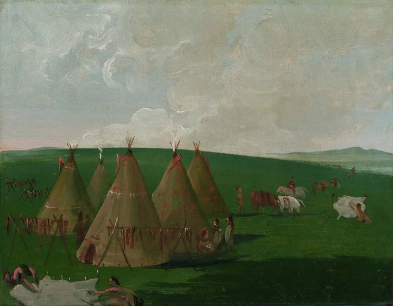 Sioux som bosätter sig vid Upper Missouri, förbereder bisonkött och klänningar - George Catlin