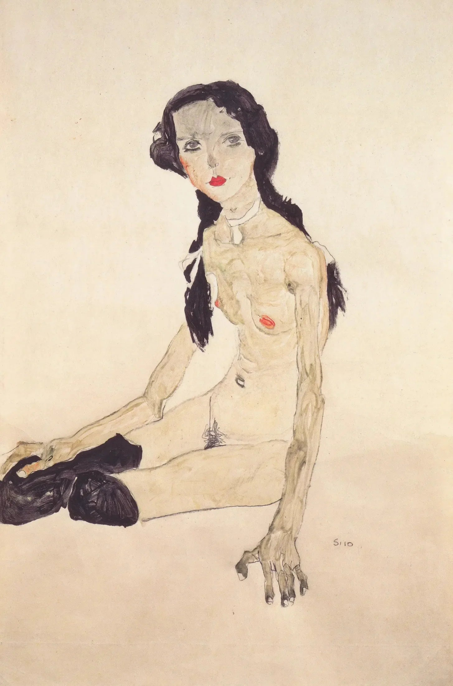 Sitzendes Mädchen mit Pferdeschwanz - Egon Schiele image 1 copie de tableau peinte à la main