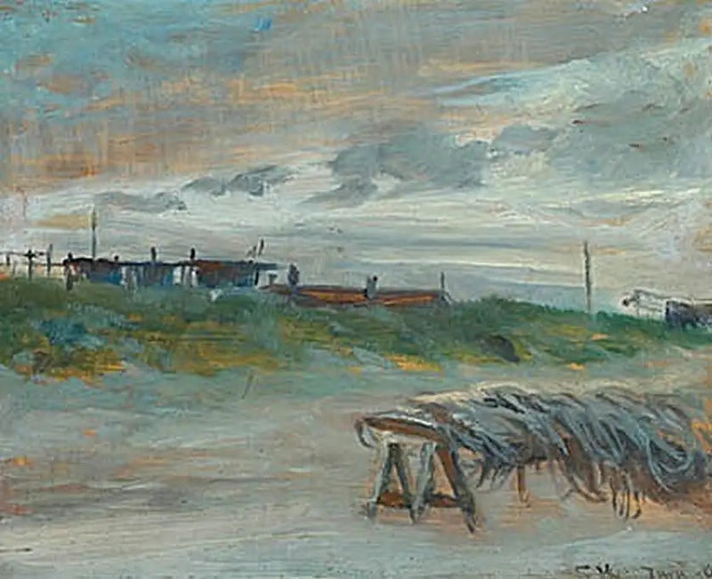 Skagen Sønderstrand en junikväll, molnigt väder. Fiskenät framför. - Peder Severin Krøyer