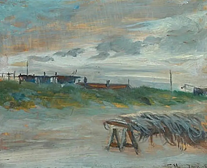 Skagen Sønderstrand en junikväll, molnigt väder. Fiskenät framför. - Peder Severin Krøyer
