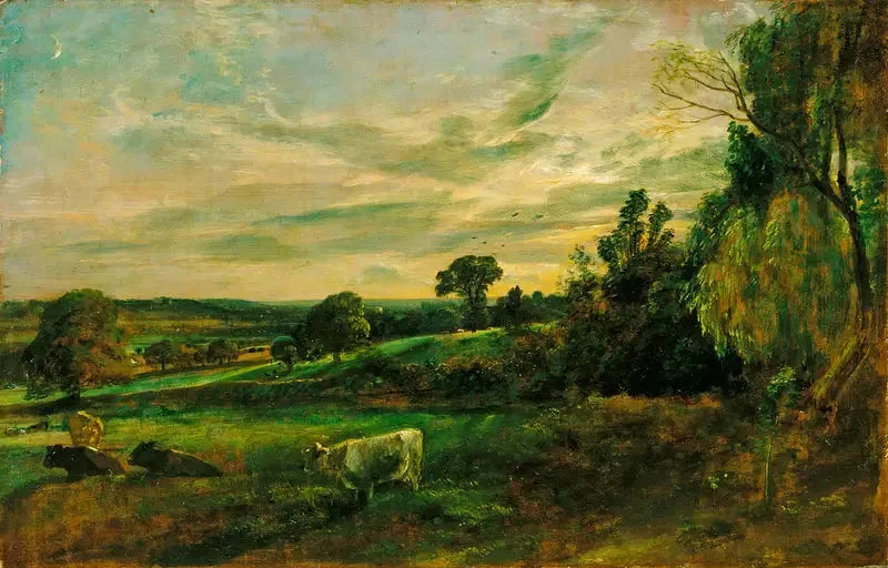 Sommarkväll: utsikt nära East Bergholt som visar Langham kyrka, Stratford kyrka och Stoke-by-Nayland kyrka - John Constable