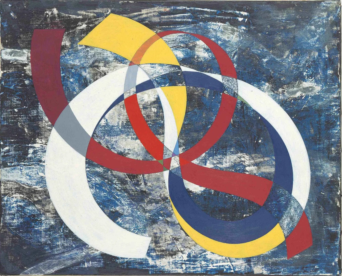 Nœud en couleurs vives sur fond chaotique, peinture de Sophie Taeuber-Arp