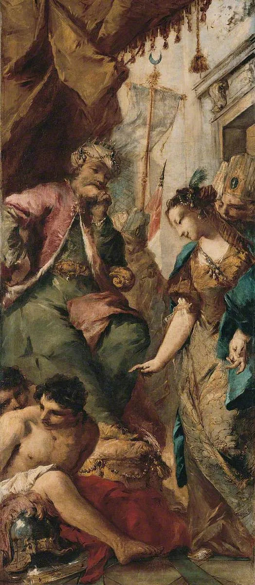 Sophronie som ber den sarranske kungen Aladine att frigöra de kristna fångarna - Francesco Guardi