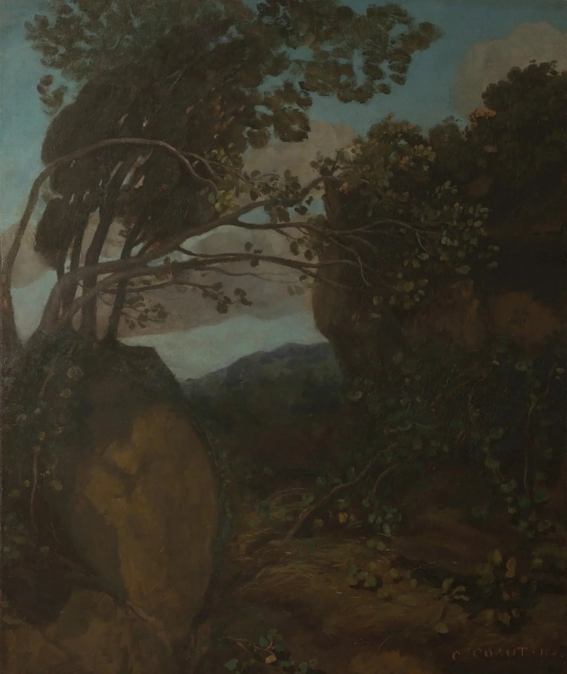 Souvenir de Nemi. Rochers et arbustes - Jean-Baptiste Camille Corot image 1 copie peinte à la main à l’huile