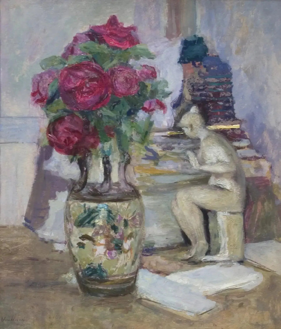 Maillol-statyett och röda rosor - Édouard Vuillard