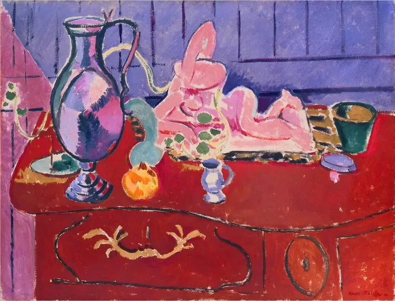 Statuett och rosakanna på en röd byrå - Henri Matisse
