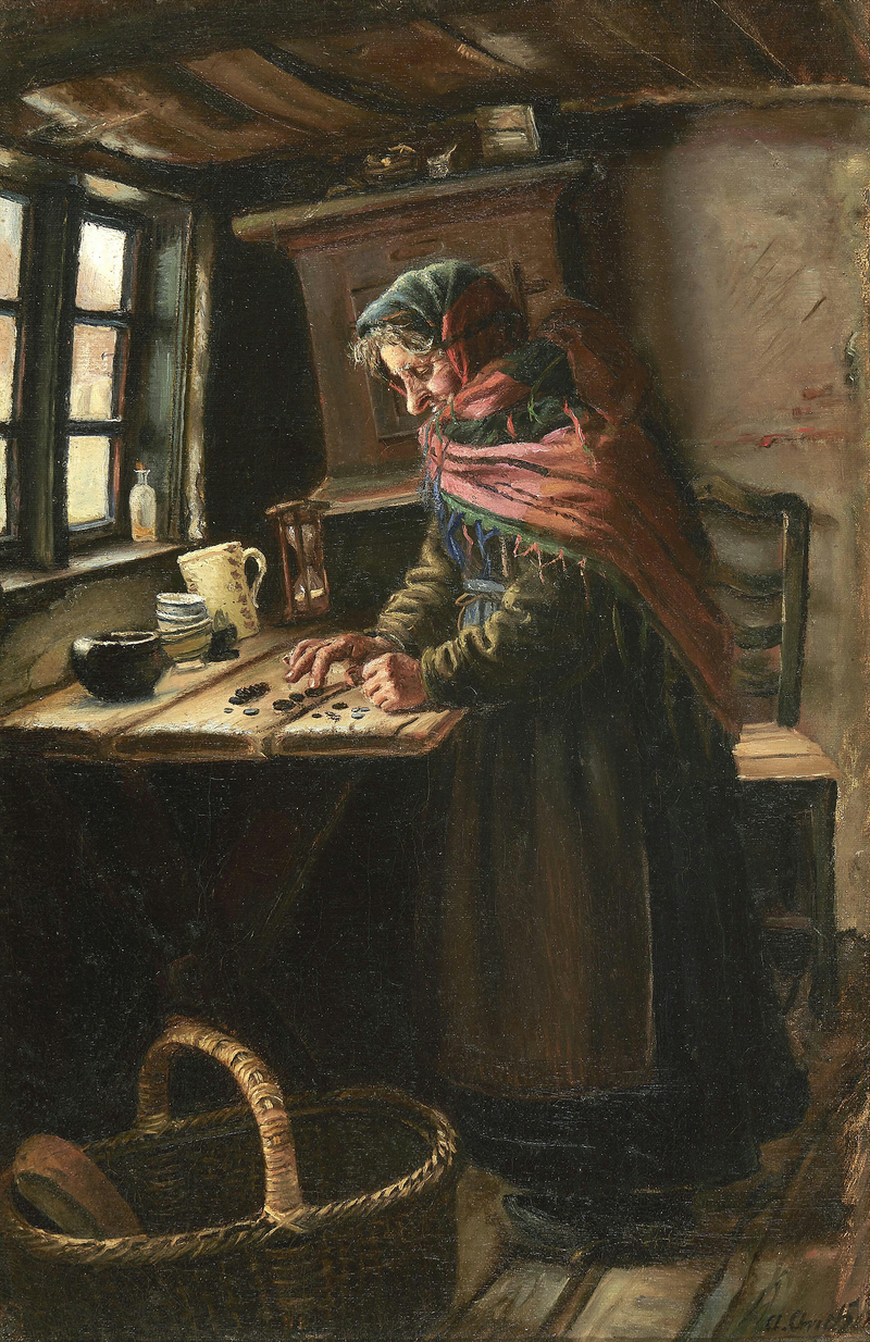Stine Bollerhus räknar pengarna hon tjänat på att sälja bröd. Och hon börjar om. - Anna Ancher