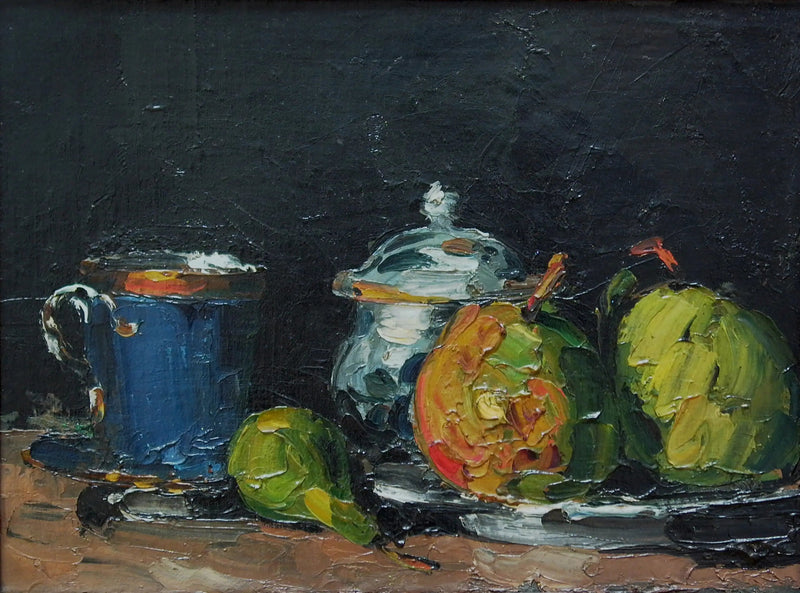 Sockerskål, päron och blå kopp - Paul Cézanne
